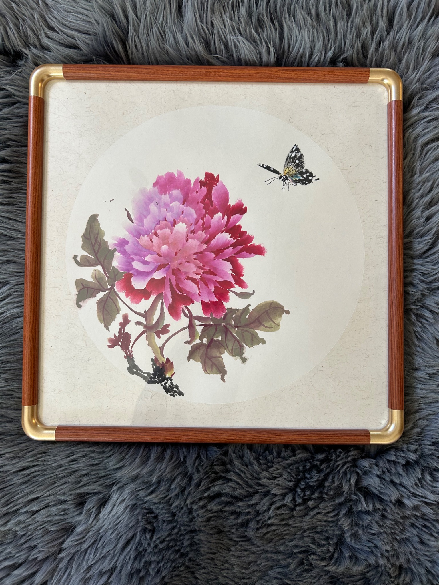 Pink Peony & Butterfly — actual framed painting