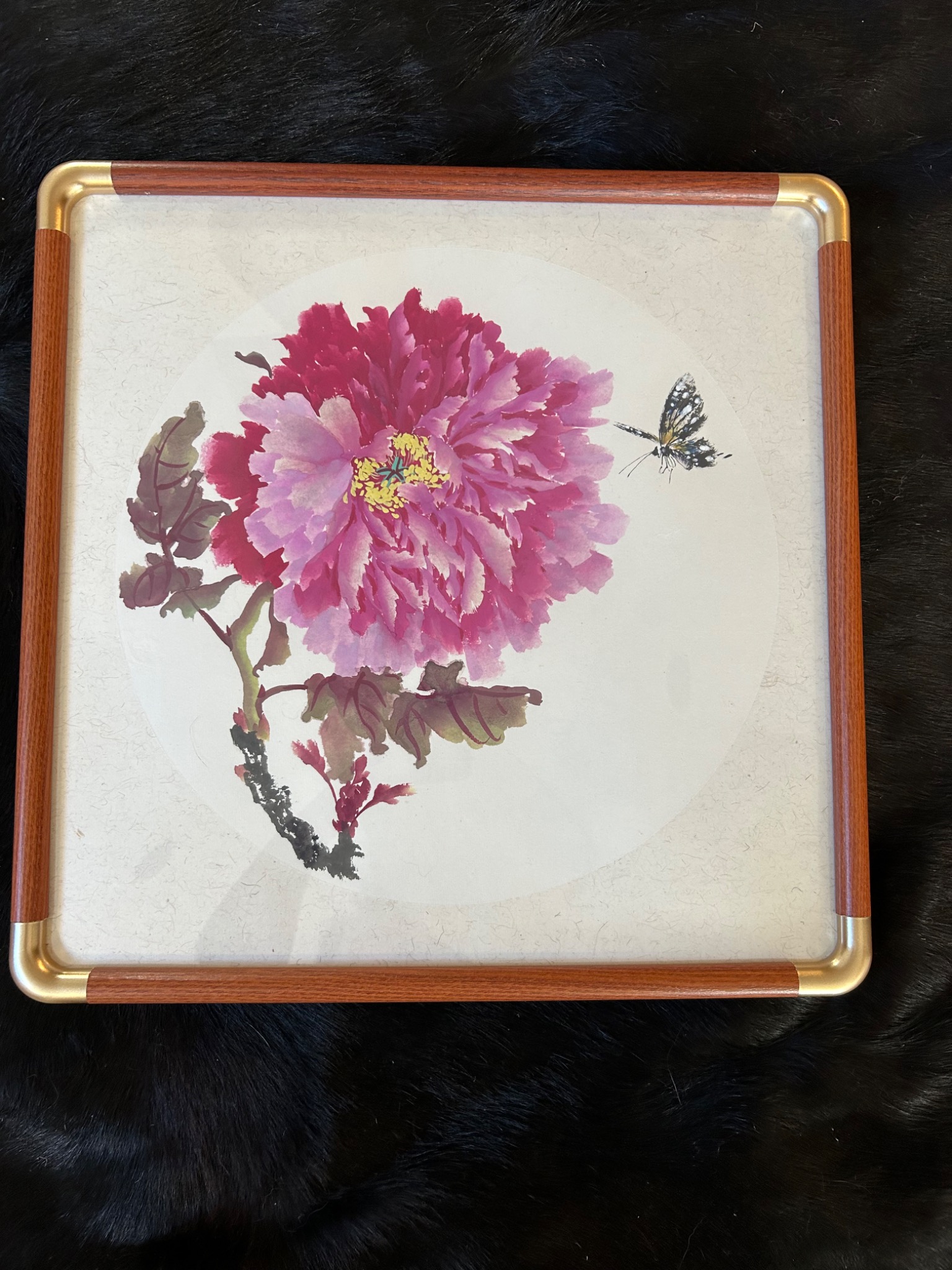 Pink-Violet Peony & Butterfly — actual framed painting