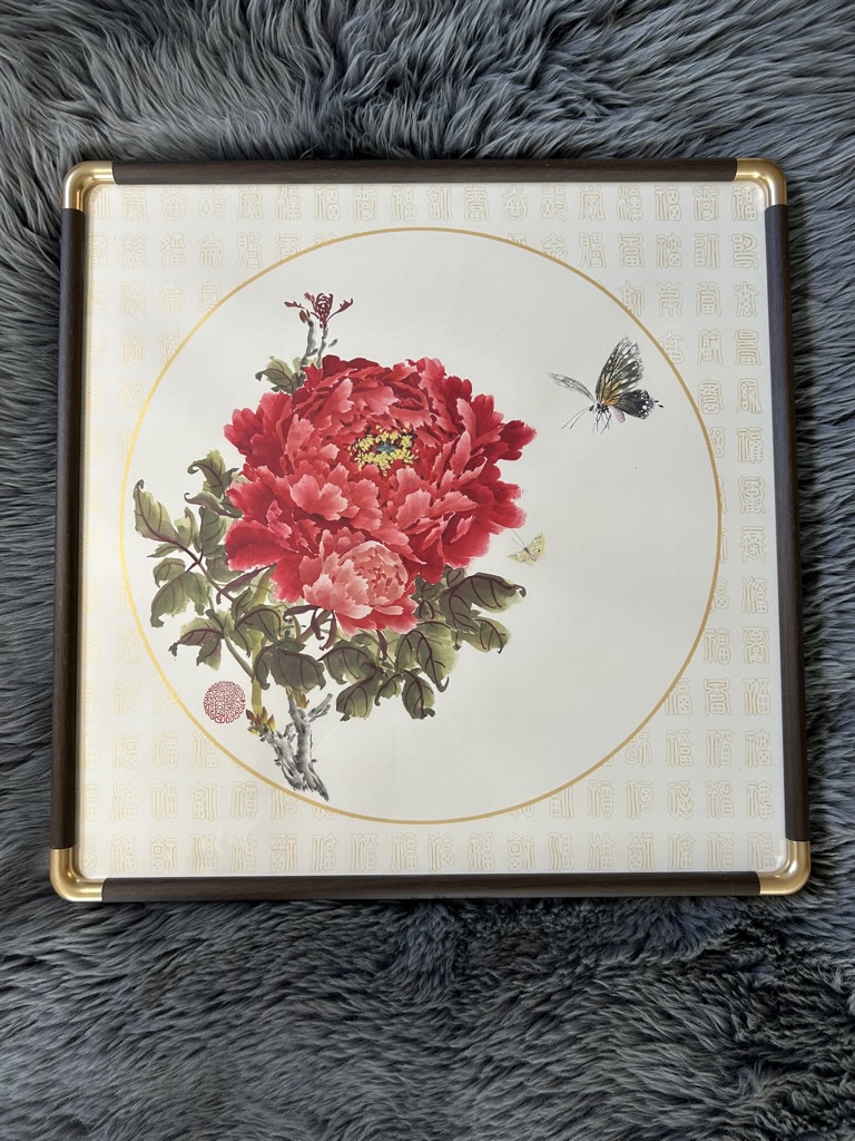 Red Peony & Two Butterflies — actual framed painting