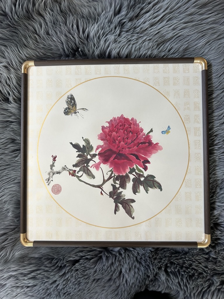 Deep Crimson Peony & Butterflies — actual framed painting