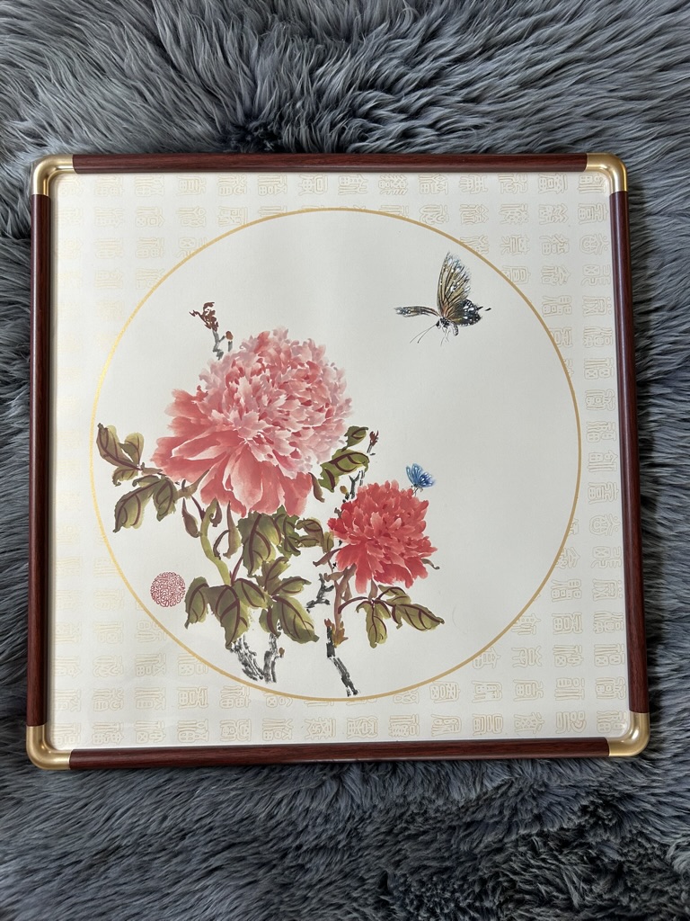Coral Pink Peonies & Butterflies — actual framed painting